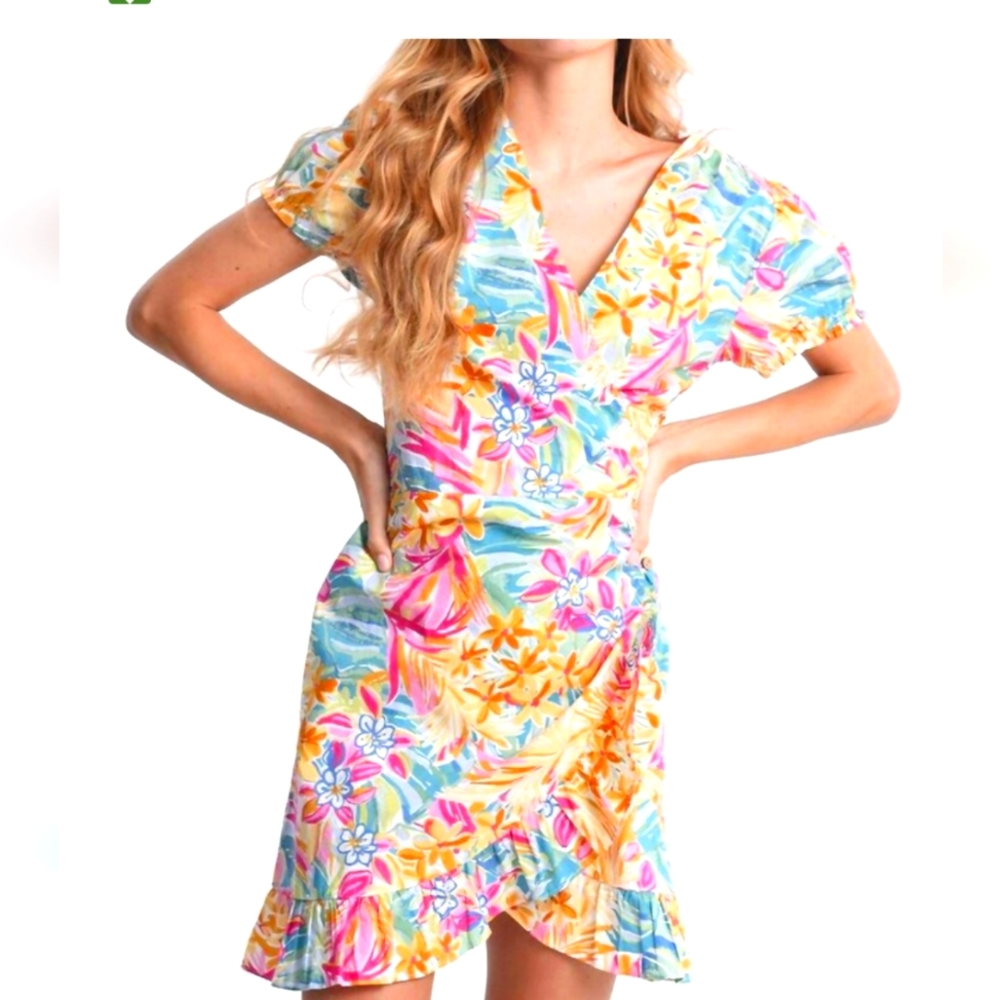Festival Dress Bright Print Wrap Dress Cotton Mini Molly Bracken Lightweight S